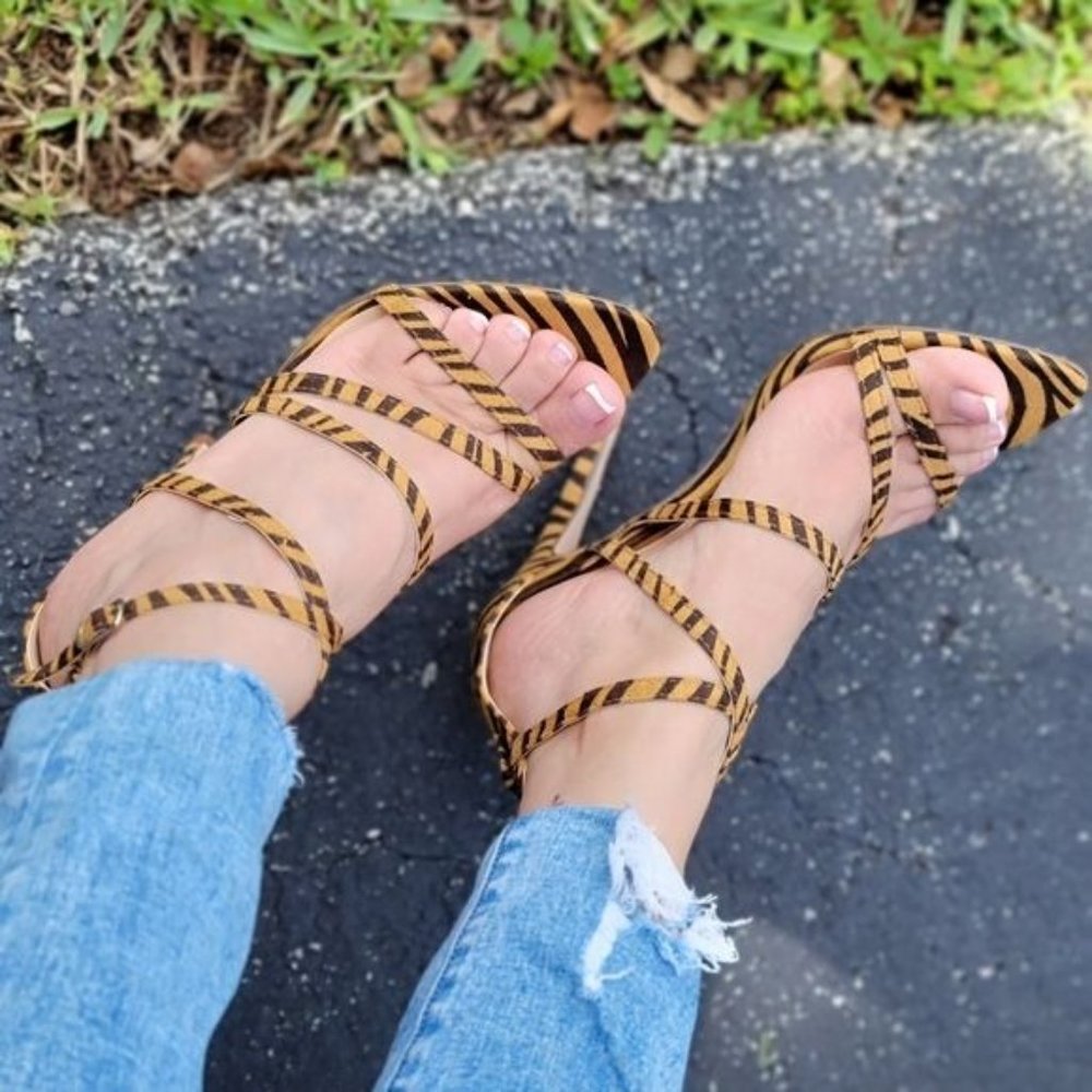 Women's Zebra Open Toe Ankle Strap  High Heel Dress Sandals - Picture 4 of 5